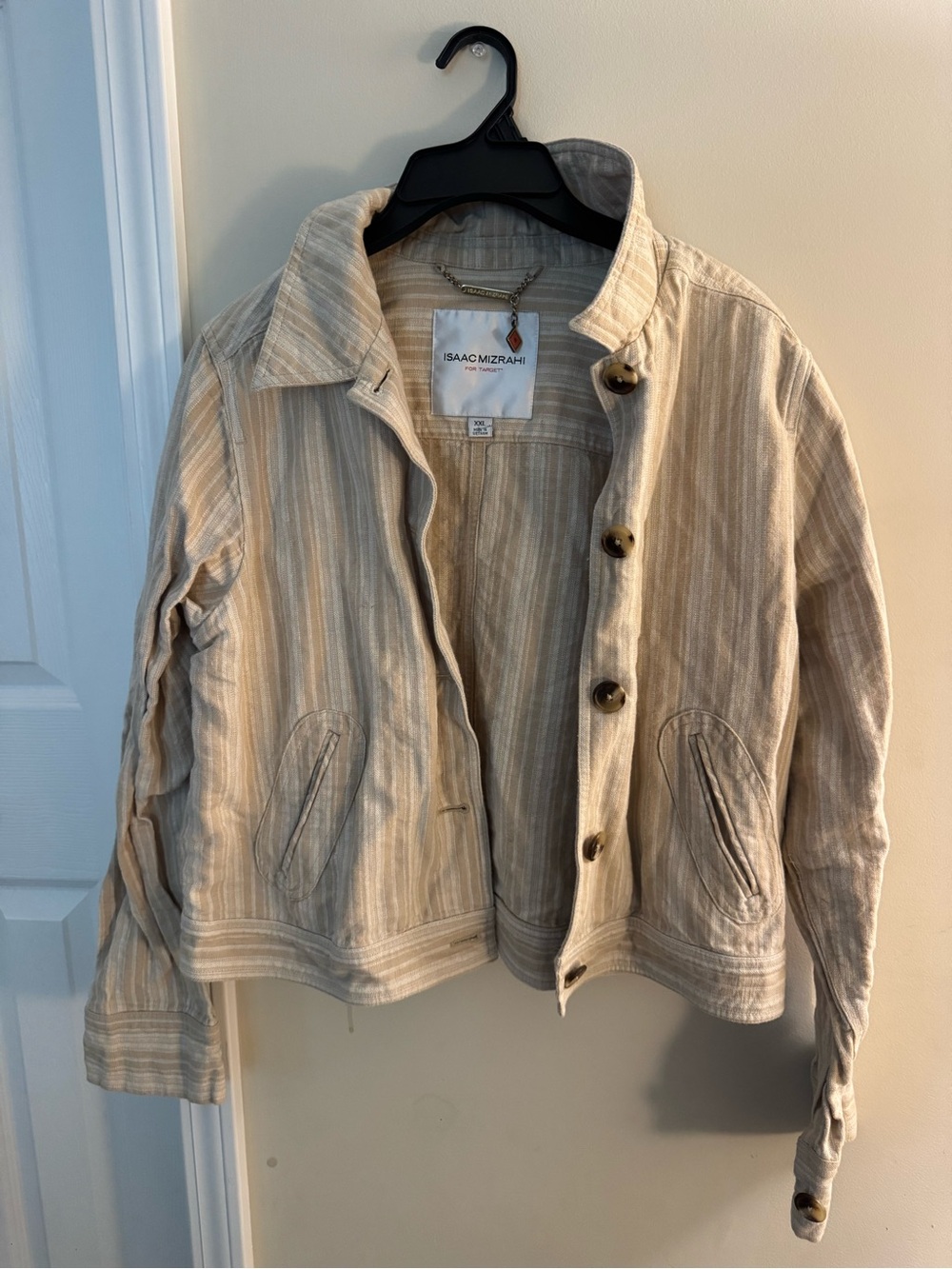 Isaac Mizrahi Beige Striped Cotton Button Jacket